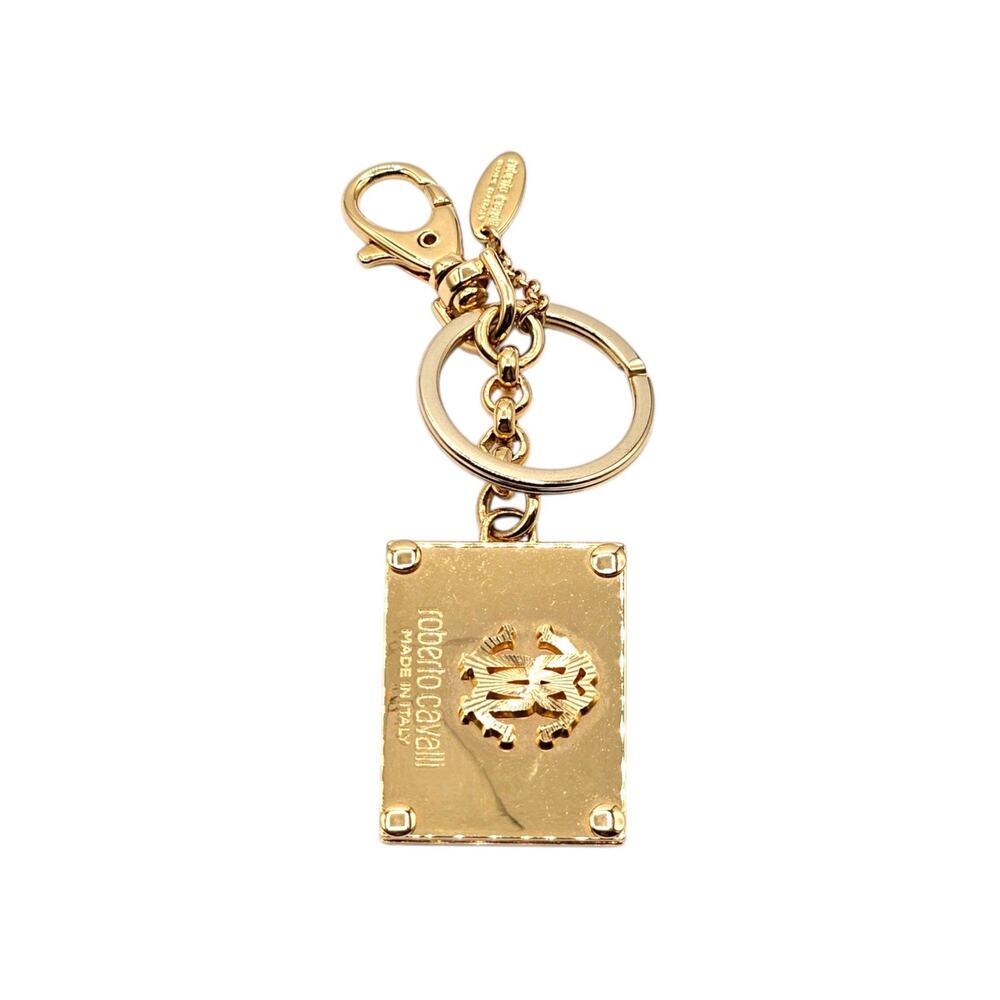 Roberto Cavalli Gold Tone Logo Plaque Keychain Bag Charm - New